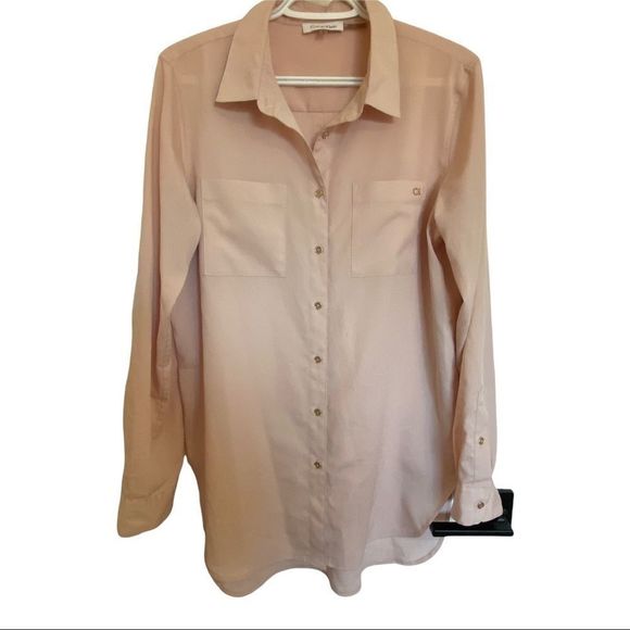 Calvin Klein CK logo loose fit mauve button front blouse size Medium EUC - Picture 1 of 7
